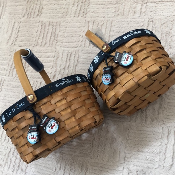 Set of 2 handled nested baskets, snowman charms and ceramic handles - New - Picture 10 of 16